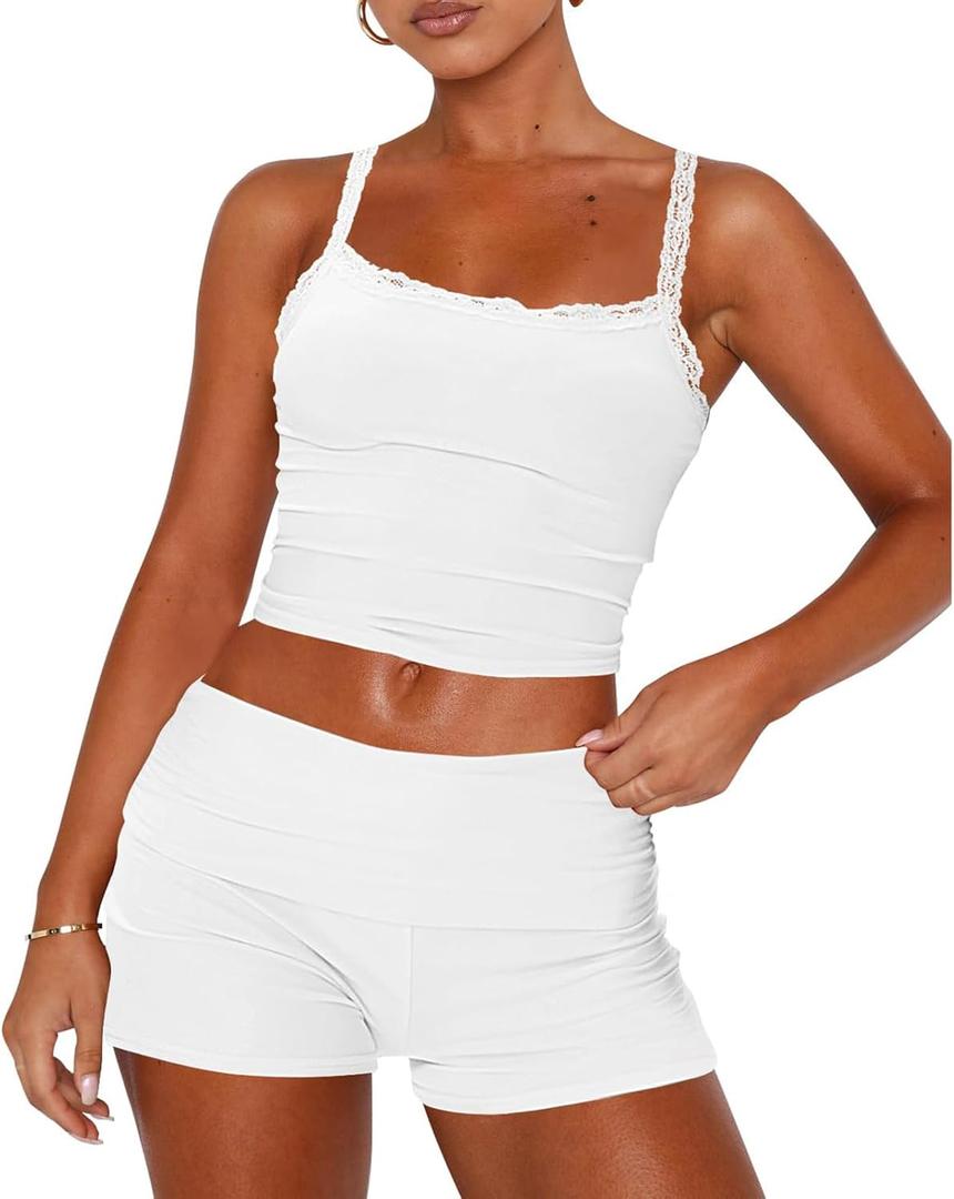 RUEWEY Womens Lace Trim Pajama Sets Sleeveless Crop Top and Fold Over Shorts 2 Piece Lounge Set PJ Set Tracksuit Outfits (Medium, White)