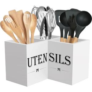 Suli Extra Large Kitchen Utensils Holder with 3 Compartments,Corner Utensil Caddy for countertop,Wooden Utensil Organizer for Kitchen Countertop, Farmhouse Decor- White