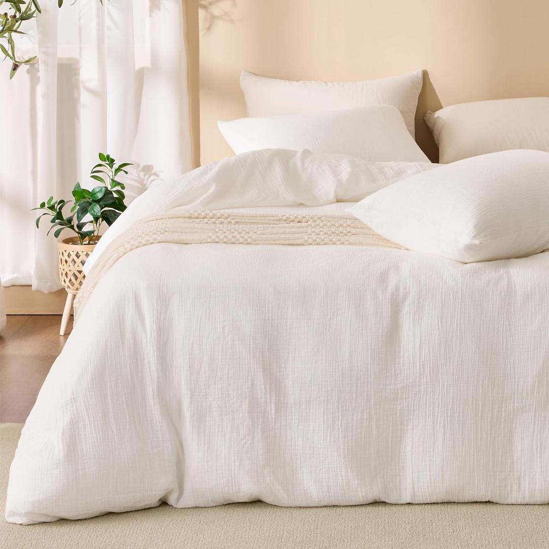 Off White Duvet Cover Queen Size, 100% Sandwashed Cotton Soft Queen Duvet Cover Set 3 Pieces with Zipper Clousre & Corner Buttons (Off White, Queen 90 x 90)