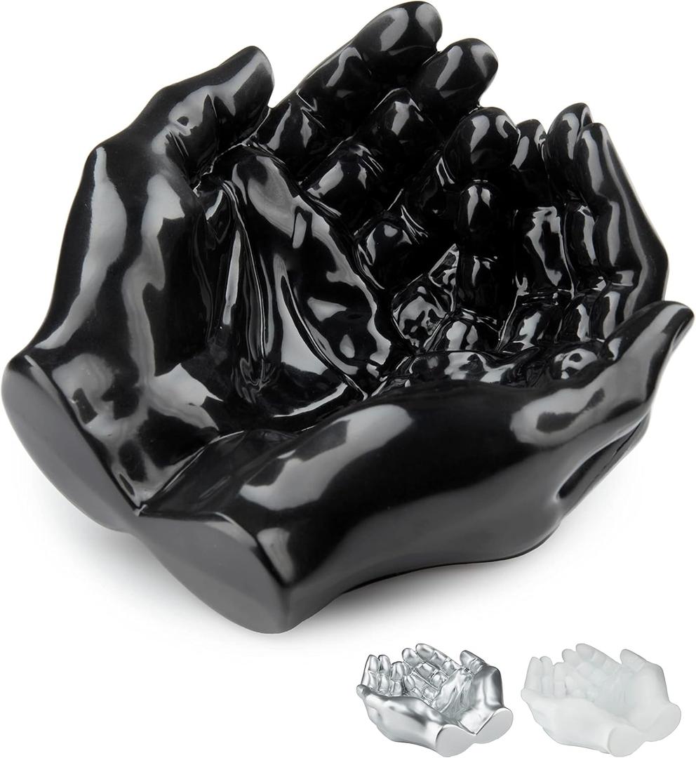 Hand Shaped Succulent Planter Pot - Crystal Display - Air Plant Holder - Giving Hands Sculpture Decor - Key Bowl Ring Dish - Candle Holder (Black)