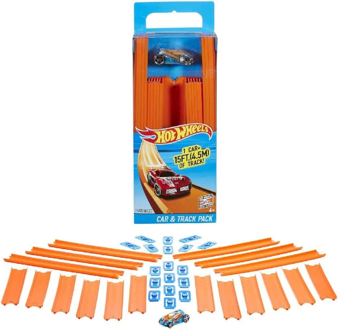 Hot Wheels Toy Car Straight Track Set with 37 Component Building Parts & 1:64 Scale Vehicle