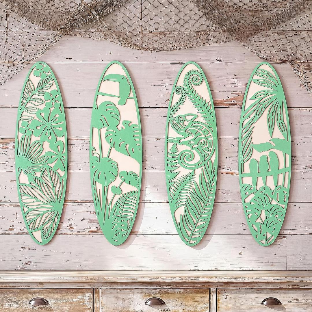 Geetery 4 Pcs Surfboard Wall Decor Carved Hollow Wooden Tropical Beach Art 19.7 x 5.5 Inch Surf Board for Beach Room Living Room, Green