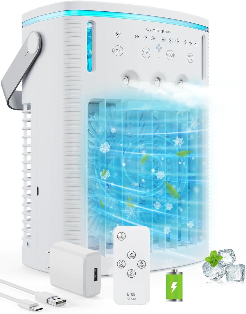 Portable Air Conditioners Rechargeable,5000mAh 3-Speed Small AC Fan,Portable Air Cooler with Remote,Timer function,7-Color Night light,3-Level Mist modes,Personal AC for Office,Camping.