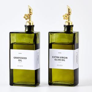 Olive Oil Dispenser Bottle for Kitchen, 16.9oz /500ml Cooking Vinegar Dispenser Bottle Set, Glass Sauce Container, Labels, Brush, Funnel, Stoppers, Green for Oil(Golden)