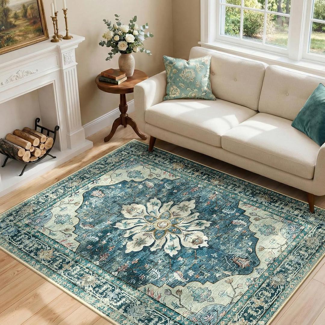 RELEANY Area Rugs 4'x6' Washable Non-Slip, Floral Vintage Distress Print Pattern Medallion Carpet for Living Room Bedroom Dining Room, Dark Blue Vintage