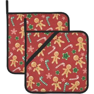 Christmas Gingerbread Pot Holders Set of 2 Candy Decorative Kitchen Heat Resistant Potholder Cotton Lining Oven Hot Pads Pot Mats for Kitchen Counter Cooking Baking Microwave BBQ Gifts