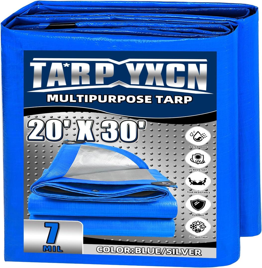 Tarp 20x30 Feet, 7 Mil Thick Waterproof Poly Tarps Cover UV Resistant, Rip & Tear Proof with Metal Grommets Every 20 Inche (Blue/Silver)