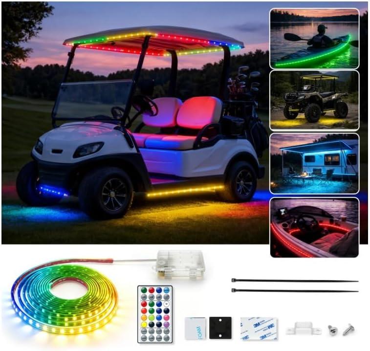 Battery Powered RGB+IC Dream Color Chasing Golf Cart Canopy Roof Lights with Remote, 16.4FT IP68 Waterproof Addressable Golf Cart Light for EZGO Yamaha Club Car, ATV, Truck, Boat, RV, Easy Install