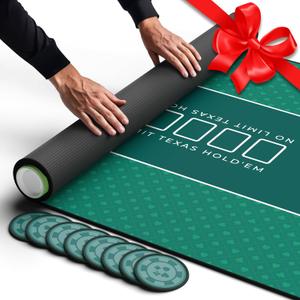 Newverest Poker Table Top 70" x 35", Texas Hold'em Poker Mat for Home Game Nights Up to 10 Players, Casino| Poker Topper Cloth for Tables in Zipper Storage Bag with 8 Coasters in Poker Gift-Ready Box (Green)