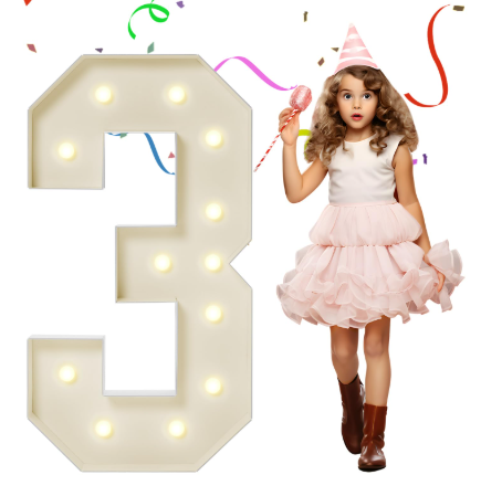 Glowing numbers for party decorations: the number 3 with white LEDs for a birthday celebration , DIY decoration kit