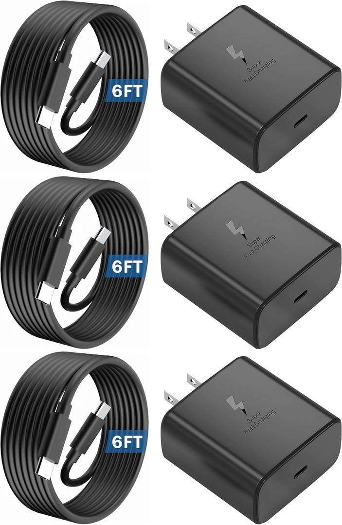 3-Pack 45W Super Fast Charger USB C Android Phone Charger Fast Charging Replacement for Samsung Galaxy S25/S25 Ultra/S25+/S24 Ultra/S24/S24+/S23 Ultra/S23/S22/S20/S21/Note 10,Galaxy Tab, 6ft C Cable