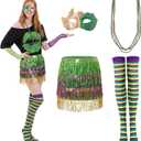 Syhood 6 Pcs Mardi Gras Costume Set, Sequined Tassels Tutu Skirt, Faux Feather Pattern Half Mask, Necklace and Long Socks (M)