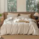MooMee Striped Duvet Cover Set 100% Washed Cotton Linen Like Textured Breathable Durable Soft Comfy (Tannish Linen Grey White Pinstripes, Queen 90"x90")