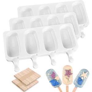 Sakolla Mini Popsicle Silicone Molds, 4 Cavities Homemade Ice Cream Molds with 100 Wooden Sticks for Ice Pop, Cakesicles, Cake Pop (Set of 3, White)