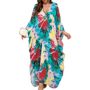 Women Kaftan Dresses Plus Size V-Neck Batwing Sleeves Beach Cover Up 2025 Summer Floral Print Caftan Dress (Green Fireworks)