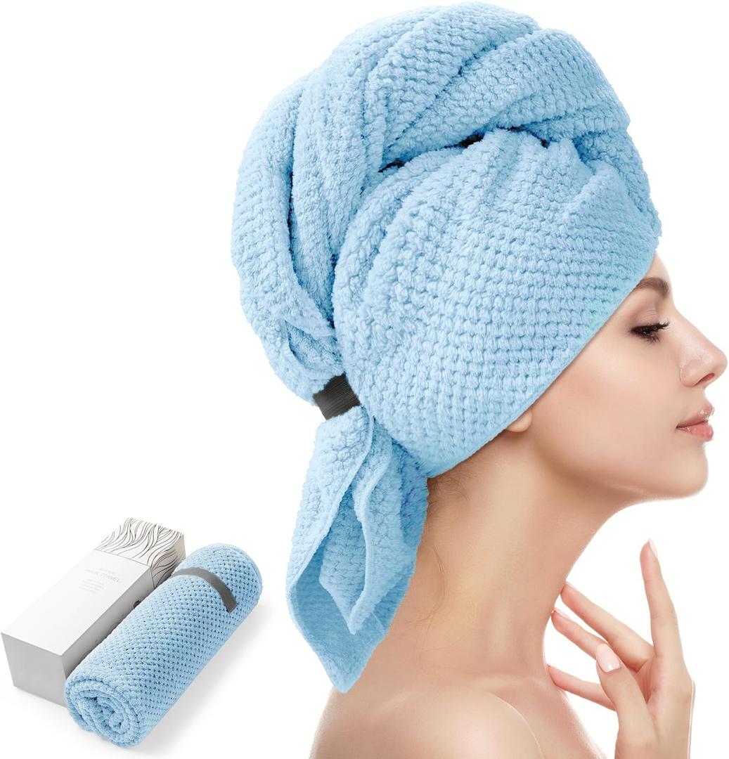 YFONG Large Hair Towel Wrap for Women, Super Absorbent Microfiber Hair Towel for Curly Hair, Fast Drying Hair Turbans with Elastic,Hair Drying Towel Wrap for Hair Care 26.3" X 40" (Blue)