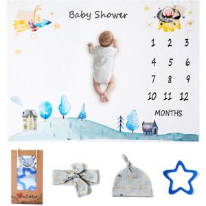 Baby Monthly Milestone Blanket 40" X 50" Play Mat with Matching Hat & Bow Newborn Gifts Kids Photography Props for Boy and Girl (Baby Shower)