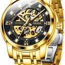 OLEVS Mens Automatic Watch Skeleton Diamond Luxury Mechanical Self Winding Dress Wrist Watch Waterproof Luminous (G9901: Gold band & Black dial)