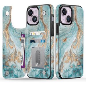 Goodon for iPhone 13 Case Wallet - Flip Folio Leather Cover with Trendy Floral Design, 3 Card Slots & Kickstand Function, Stylish Protective Phone Case for Women and Girls - Teal Gold Marble
