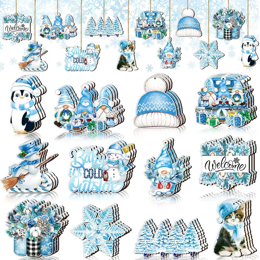 Sintuff 36 Winter Decoration Winter Wooden Ornaments for Tree Cat Penguin Snowflake Snowman Gnome Pine Truck Blue Hanging Decoration Set Christmas Tree Decorations for Party Supplies
