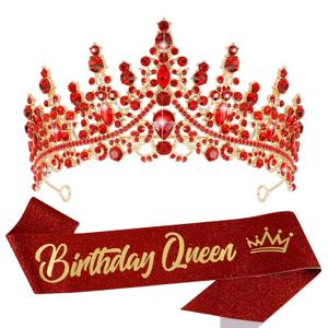 VELSCRUN Birthday Queen Tiara Crowns for Women Girls Red Crystal Birthday Queen Headband Sash Elegant Princess Crown Happy Birth Party Decorations Mom Sisters Birth Gift Hair Accessories