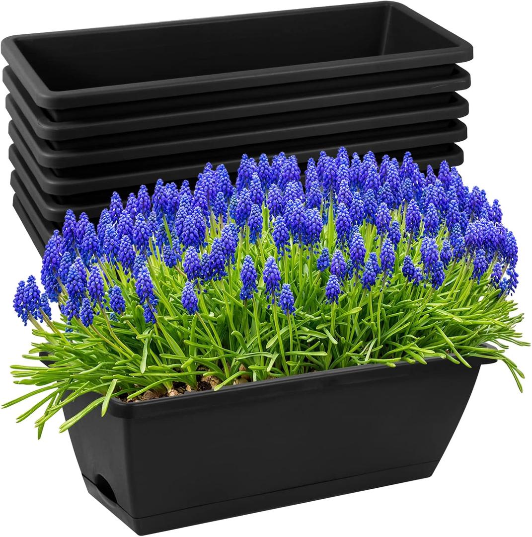 8pcs Window Box Planter,17 Inches Flower Window Boxes,Rectangle Planters Box with Drainage Holes and Trays, Plastic Vegetable Planters for Windowsill Patio Garden Home Decor Porch Yard (Black)