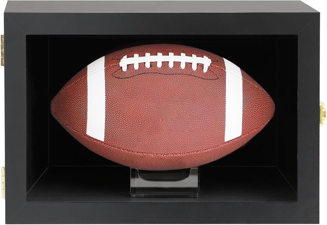 Football Display Case Wall Mount Lockable Clear View Full Size Anti Fade UV Protective Acrylic Door Wooden Signed Memorabilia Football Box Shelf Holder-Single Ball