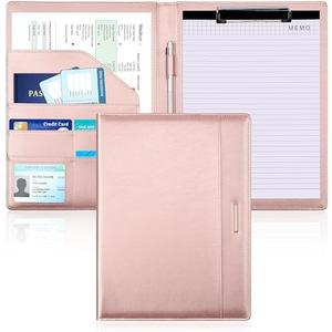 Padfolio with Clipboard, PU Leather Business Portfolio Binder, Interview Resume Folder with Card Holder, A4 Letter Document Organizer Included Writing Note Pad for School Office Conference (Rose Gold)