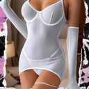 popiv Lingerie for Women Mesh Babydoll Lingeries Lace Chemise Sleepwear Dress Sheer Exotic Boudoir Outfit with Gloves (White, M)