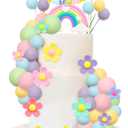 39 Pcs Pastel Balls Cake Toppers Daisy Flower Cupcake Decoration Boho Rainbow Cake Topper with Happy Birthday Banner for 70s Groovy Hippie Party Supplies