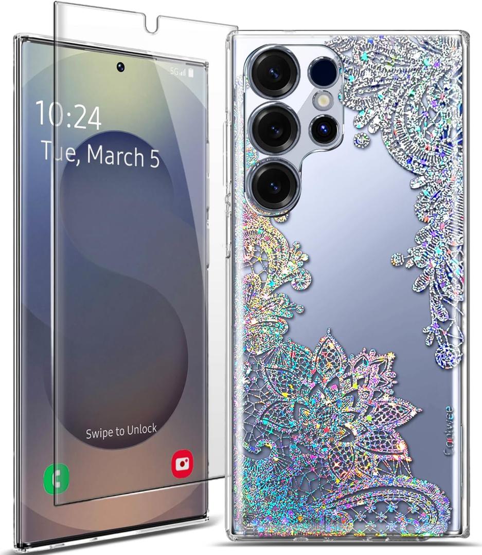 Coolwee Clear Glitter for Samsung Galaxy S25 Ultra Case, Slim Shockproof Thin Flower Cute Crystal Lace Bling Women Hard Back Soft TPU Bumper Protective Cover for Samsung S25 Ultra Mandala Henna