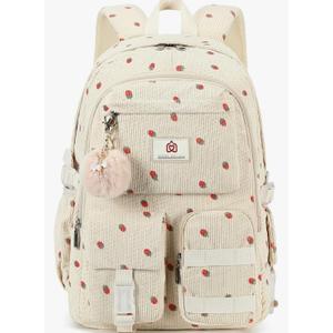Hidds School Backpack for Teens Girls Women 15.6 Inch Laptop College Backpacks Corduroy Work Bag Kids Elementary Middle High Campus Bookbag Students Pack Travel Daypack Womens - Beige Strawberries