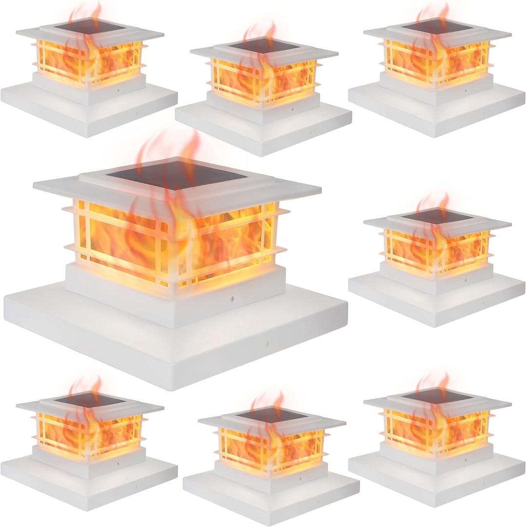 Dynaming 8 Pack Solar Post Cap Lights Outdoor with Flickering Flame Light, White Shell Fence Post Solar Lights Fit 4x4 5x5 Vinyl/Wooden Posts, Brightness LED Lighting Decor for Garden Deck Patio