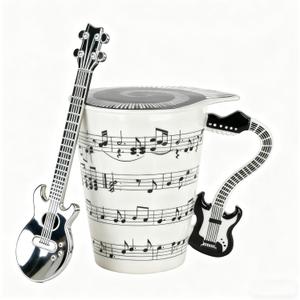 Guitar Novelty Mug Unique Musical Gift Ceramic Tea Coffee Cup with Cool Music Themed Lid and Spoon,Gifts for Guitar Players,Birthday Holiday Gift for Musician,Women,Men,Teacher,Black
