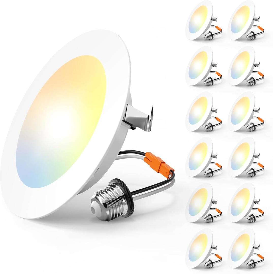 Amico Recessed Lighting 4 Inch, 12 Pack 5CCT Flat LED Can Lights, 2700K/3000K/4000K/5000K/6000K Selectable, 7W=60W, 700LM Brightness, Retrofit Installation - ETL & FCC, White