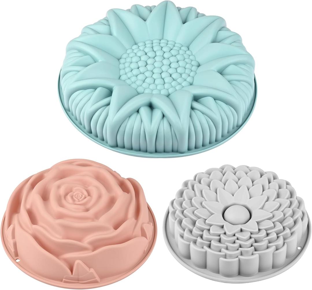 Sakolla 3 Pack Flower Shape Silicone Cake Molds, Large Round Silicone Molds for Baking Cake, Breads, Pies, Tarts (Rose, Chrysanthemum, Sunflower)