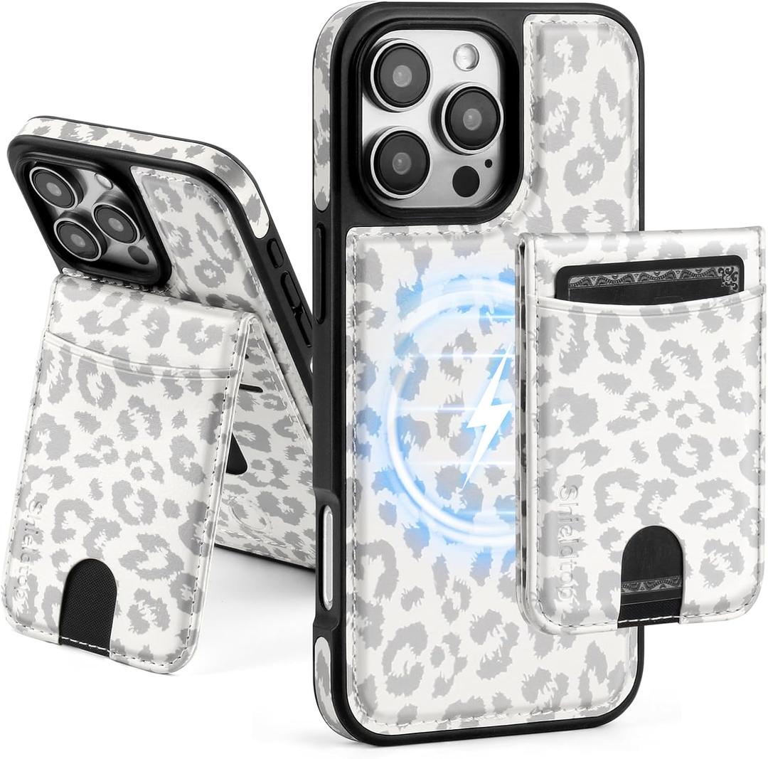 Compatible with Magsafe 2 in 1 Detachable iPhone 16 Pro Wallet Case with Card Holder Women Men,Magnetic PU Leather RFID Blocking Flip Kickstand Credit Slots,for Apple 16 Pro,Leopard-White (iPhone 16 Pro 6.3")