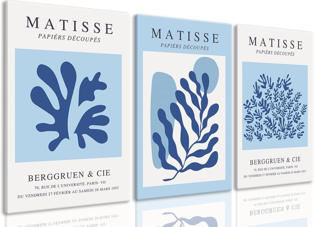 BingruiArt Blue Matisse Wall Art Canvas Boho Flower Set of 3 Minimalist Plant Leaves Painting Abstract Pictures Aesthetic Prints Home Decor for Living Room Bedroom Bathroom 12"x16" Framed
