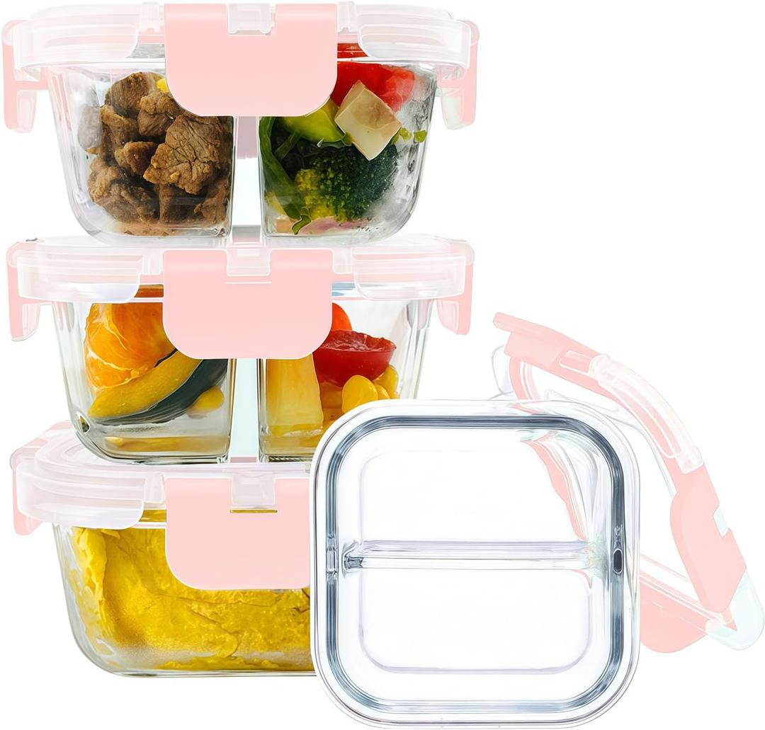 Bariatric Meal Prep Containers, 8 oz Bariatric Portion Control Food Storage Containers with Two 4 oz Compartments (3 Pack), Reusable Glass Snack Containers with BPA Free Airtight Lids (Pink)