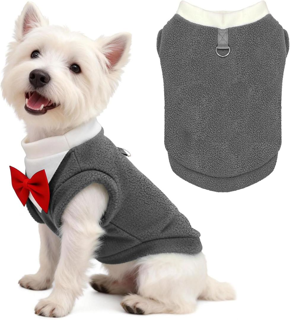 Cute Dog Fleece Sweater with D-Ring, Fall Winter Dog Clothes Tuxedo Costume with Bowtie, Soft Puppy Sweatshirt Chihuahua Yorkie Apparel Poodle Outfits for Small Medium Large Dogs(Grey,L) (L (Chest 17.7" Back 12.6"))