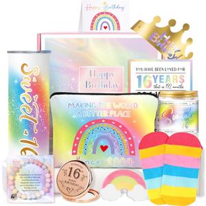 2 x Sweet 16 Gifts for Girls, 16th Birthday Gifts for Girls, Gift for 16 Year Old Girl, 11 PCS Unique Trendy Sweet Sixteen Gift for Daughter Her, Daughter, Niece, Granddaughter, Sister, Bestie, Rainbow