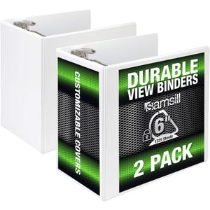 Samsill Durable 6 inch 3 Ring Binder, Locking D Ring 100% Recycled Chipboard, White, 2 Pack