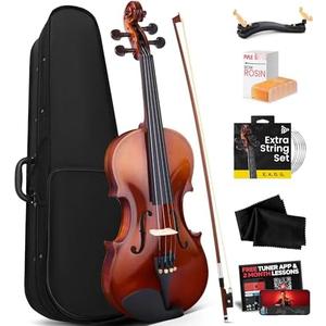 Pyle 3/4 Size Beginner Violin Starter Kit, Violin Starter Package with Travel Case & Bow, Extra Strings, Digital Tuner, Shoulder Rest & Cleaning Cloth for Students, Kids, Adults
