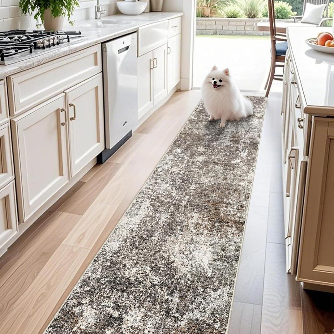 2x10 Washable Hallway Runner Rug Non-Slip Stain-Resistant Low-Pile Long Carpet Runner for Kitchen Entryway Living Room Bedroom Bathroom, Modern Abstract Neutral (Brown Beige,2x10)