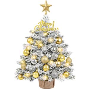 Tabletop Mini Christmas Tree, 24 in Artificial Snow Flocked Table Top Small Christmas Tree with Lights, Star Treetopper and Hanging Ornaments Balls for Home Party Christmas DIY Decorations