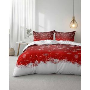 Duvet Cover Set, Merry Christmas Snowflake Bell on Red 3 Piece Bedding Set Breathable Quilt Cover Set, Winter Snow Seamless Soft Microfiber Bed Set with Pillow Shams, 90 x 70 inches