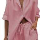 Fixmatti Women 2 Piece Outfits Long Sleeve Button Down Blouse and Shorts Sweatsuit Sets (Pink, M)