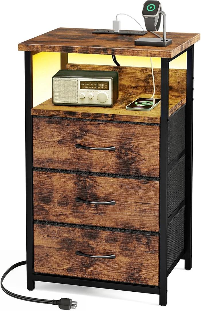 Fixwal Night Stand with Charging Station, LED Nightstand with Fabric Drawers, End Table with PU Finish, Bed Side Table, Rustic Brown (27.6"H (3 drawers))