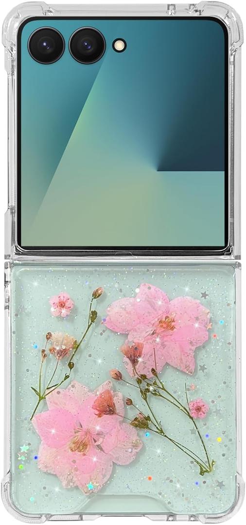 Abbery for Samsung Galaxy Z Flip 7 Case Cute Clear Dry Real Flower Design Glitter Sparkly Protective Shockproof Aesthetic Women Girly Bling Stars Cherry Blossoms Pink Floral Case for Galaxy Z Flip 7