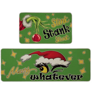 Merry Christmas Green Kitchen Rugs Set of 2, Funny Xmas Stink Stank Stunk Santa Hat Ball Floor Mats Home Decor, Winter Plaid Door Mat Decorations 23x15, 46x15